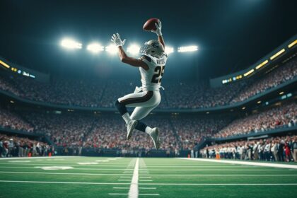 a breathtaking wide angle action shot of an nfl wide receiver in mid air making an impossible gra