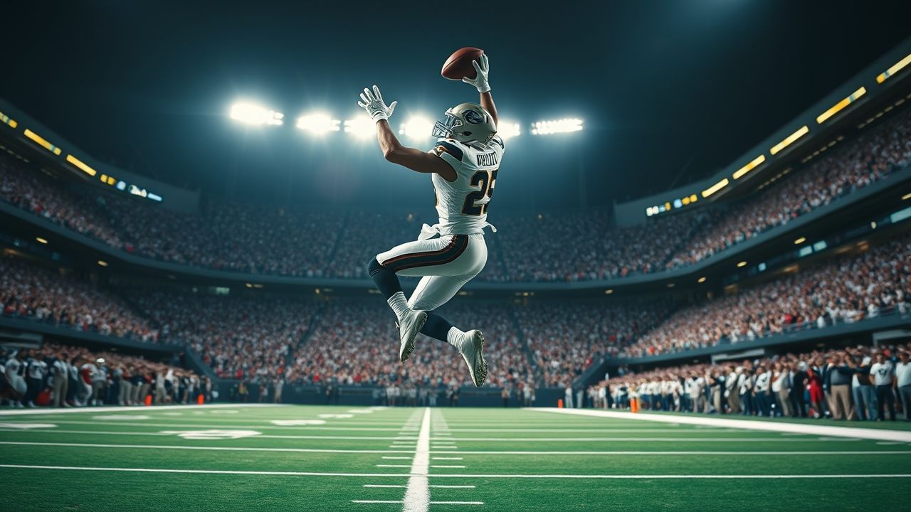 a breathtaking wide angle action shot of an nfl wide receiver in mid air making an impossible gra