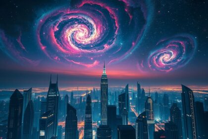 a breathtaking wide angle cinematic shot of a vast futuristic metropolis at twilight stretching a