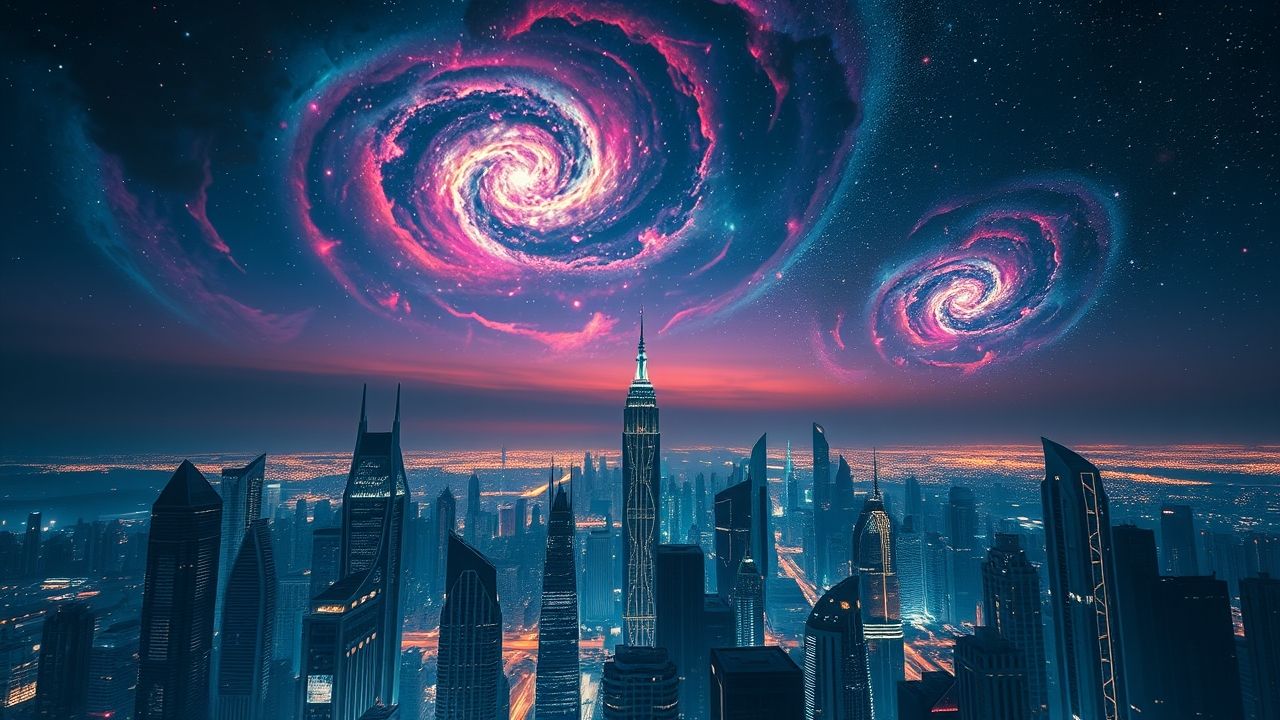 a breathtaking wide angle cinematic shot of a vast futuristic metropolis at twilight stretching a