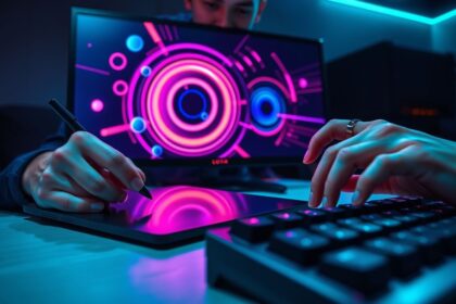 a close up wide angle shot of a gamers hands intensely engaged in a rhythm game on a monitor the
