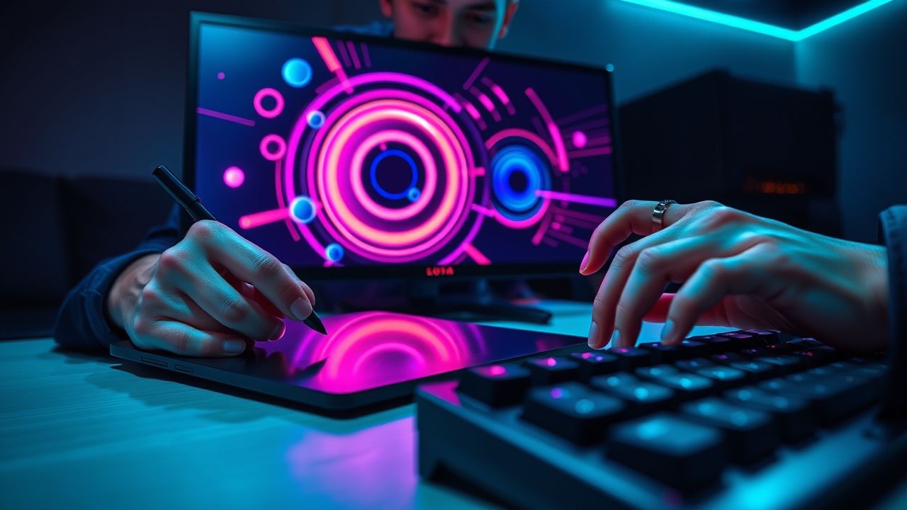 a close up wide angle shot of a gamers hands intensely engaged in a rhythm game on a monitor the