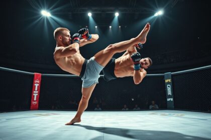 a dynamic wide angle realistic action shot of a powerful male middleweight mma fighter embodying