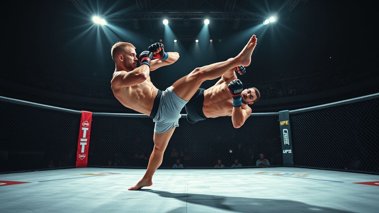 a dynamic wide angle realistic action shot of a powerful male middleweight mma fighter embodying
