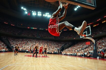 a dynamic wide angle realistic action shot of michael jordan mid flight performing a powerful g