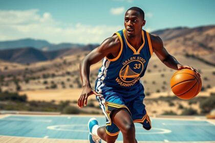 a dynamic wide landscape action shot of gary payton ii wearing a golden state warriors uniform