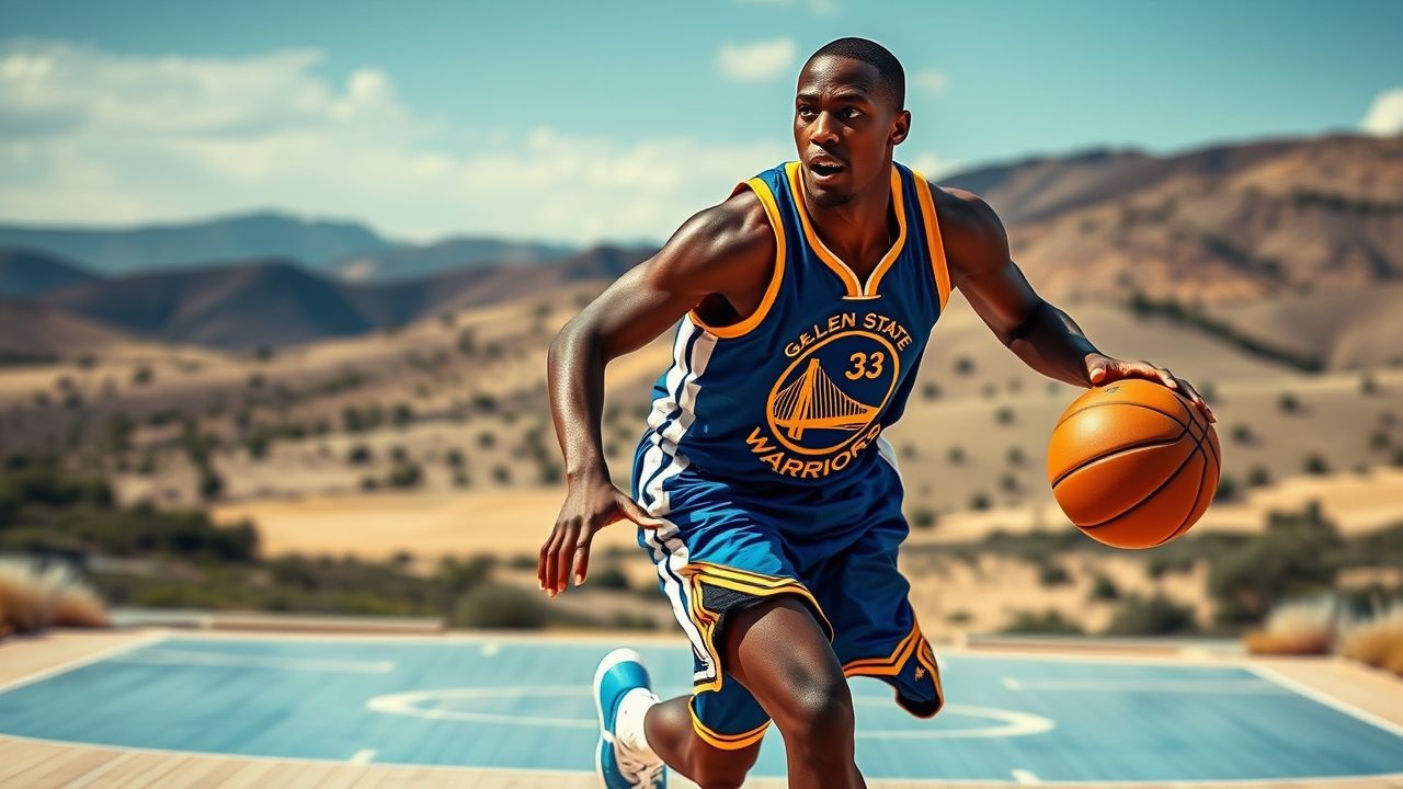 a dynamic wide landscape action shot of gary payton ii wearing a golden state warriors uniform