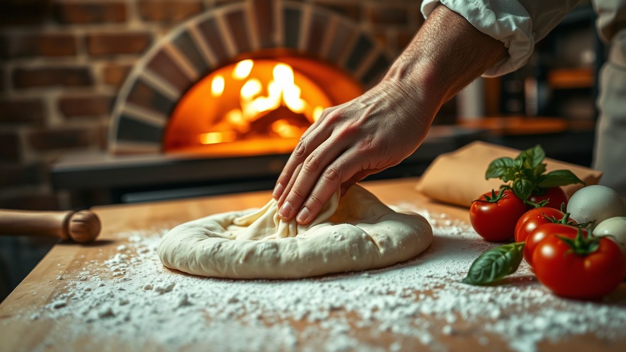 a highly detailed realistic wide angle photograph capturing the essence of pizza craftsmanship and