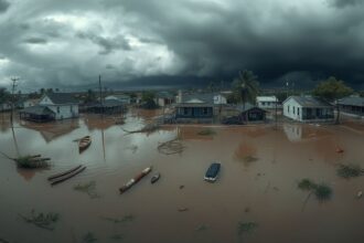 a panoramic hyper realistic wide angle view of a coastal town in the immediate aftermath of a devas