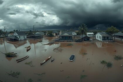 a panoramic hyper realistic wide angle view of a coastal town in the immediate aftermath of a devas