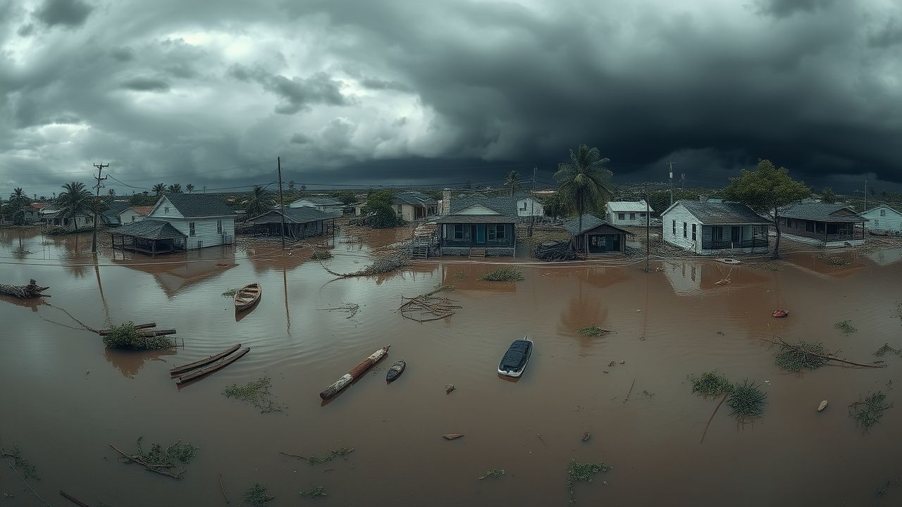 a panoramic hyper realistic wide angle view of a coastal town in the immediate aftermath of a devas
