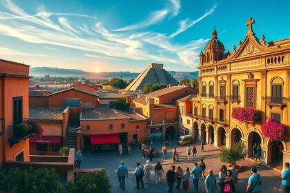 a panoramic wide angle landscape view capturing the essence of mexicos multifaceted identity in t