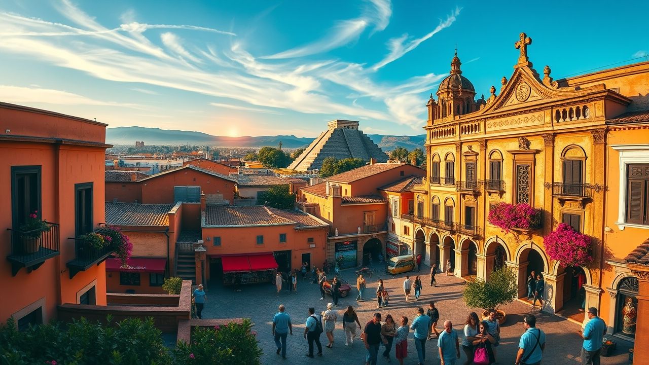 a panoramic wide angle landscape view capturing the essence of mexicos multifaceted identity in t