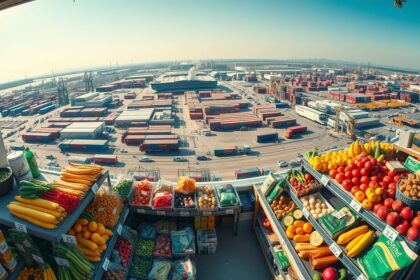 a panoramic wide angle shot depicting the interconnected global economy influencing everyday prices
