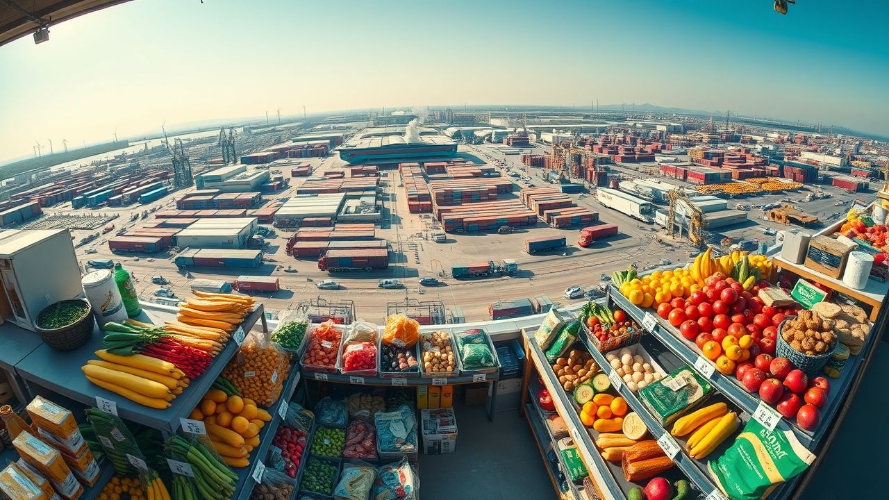 a panoramic wide angle shot depicting the interconnected global economy influencing everyday prices