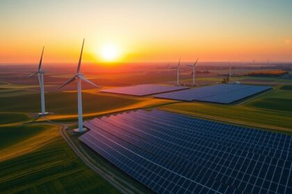 a panoramic wide angle shot of a serene midwestern landscape at sunrise in the foreground and midg