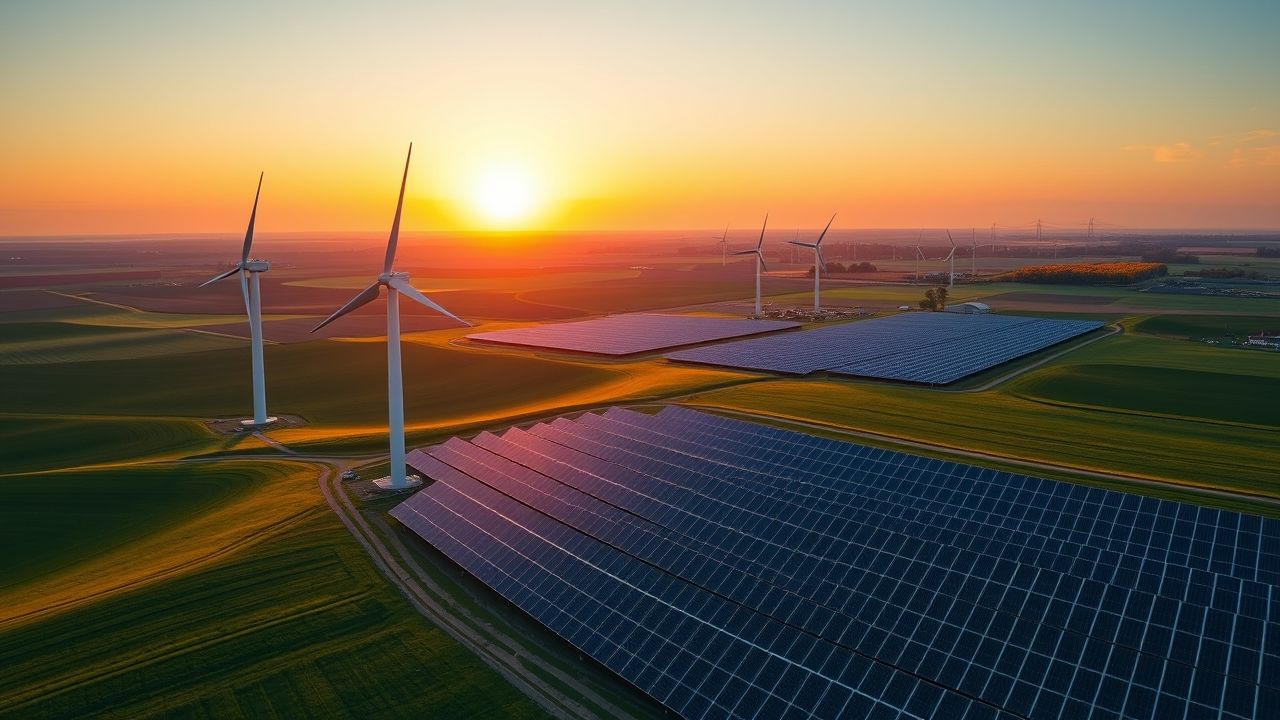 a panoramic wide angle shot of a serene midwestern landscape at sunrise in the foreground and midg