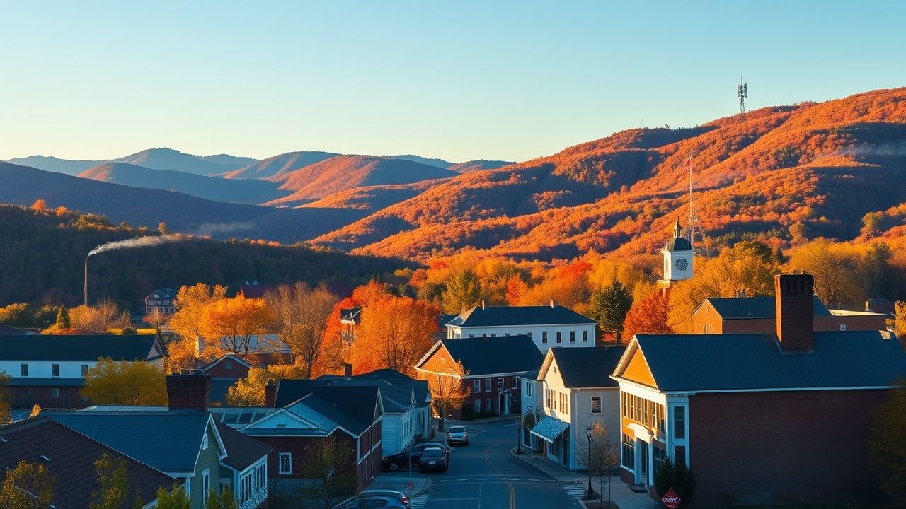 a panoramic wide angle view of a vibrant quintessential vermont town nestled in a valley bathed i