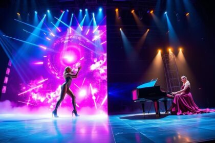 a panoramic wide landscape image of a grand las vegas stage artfully bisected to visually repres