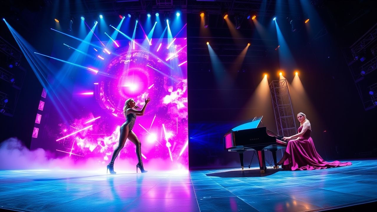 a panoramic wide landscape image of a grand las vegas stage artfully bisected to visually repres