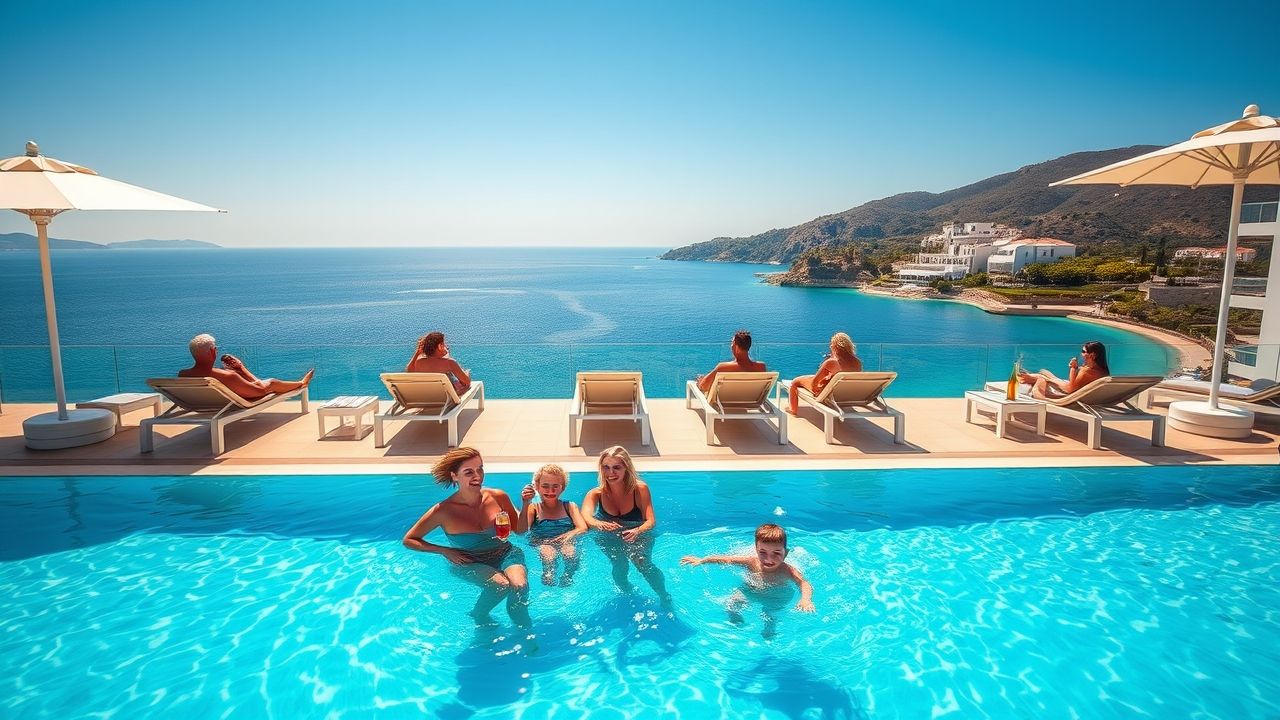 a pristine inviting infinity pool at a modern upscale resort with comfortable sun loungers and el