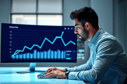 a professional data analyst focused and engaged sits at a modern minimalist desk in a well lit c