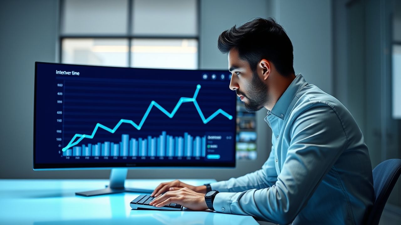 a professional data analyst focused and engaged sits at a modern minimalist desk in a well lit c