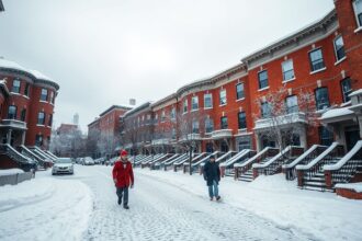 a realistic wide angle landscape shot of a quintessential boston street during a significant winter