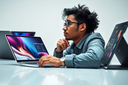 a realistic wide landscape image of a brightly lit modern desk setting at the center a thought