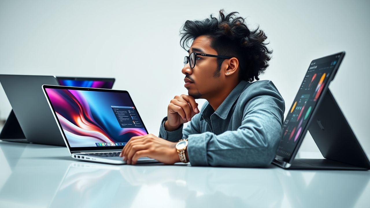 a realistic wide landscape image of a brightly lit modern desk setting at the center a thought