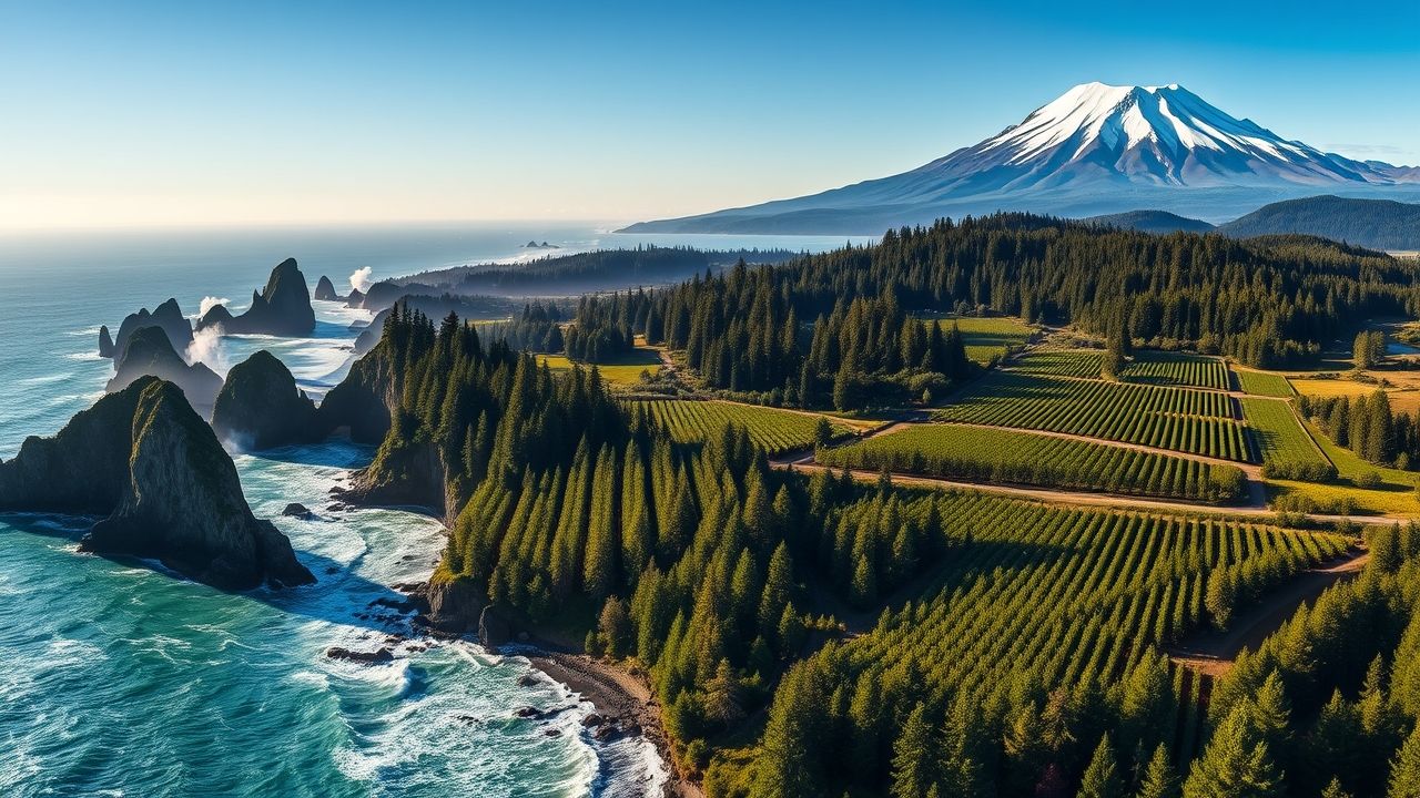 a sweeping ultra wide panoramic landscape showcasing the extreme geographical diversity of oregon