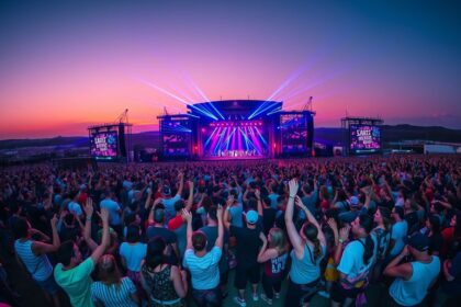a sweeping wide angle shot of a massive outdoor urban music festival at dusk thousands of diverse