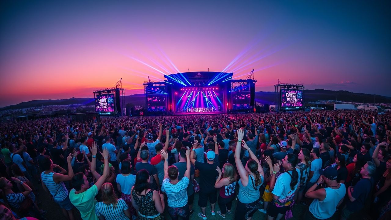a sweeping wide angle shot of a massive outdoor urban music festival at dusk thousands of diverse