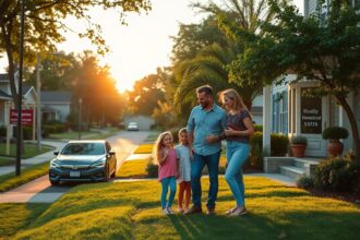 a warm inviting wide angle landscape shot of a harmonious american suburban street scene during go