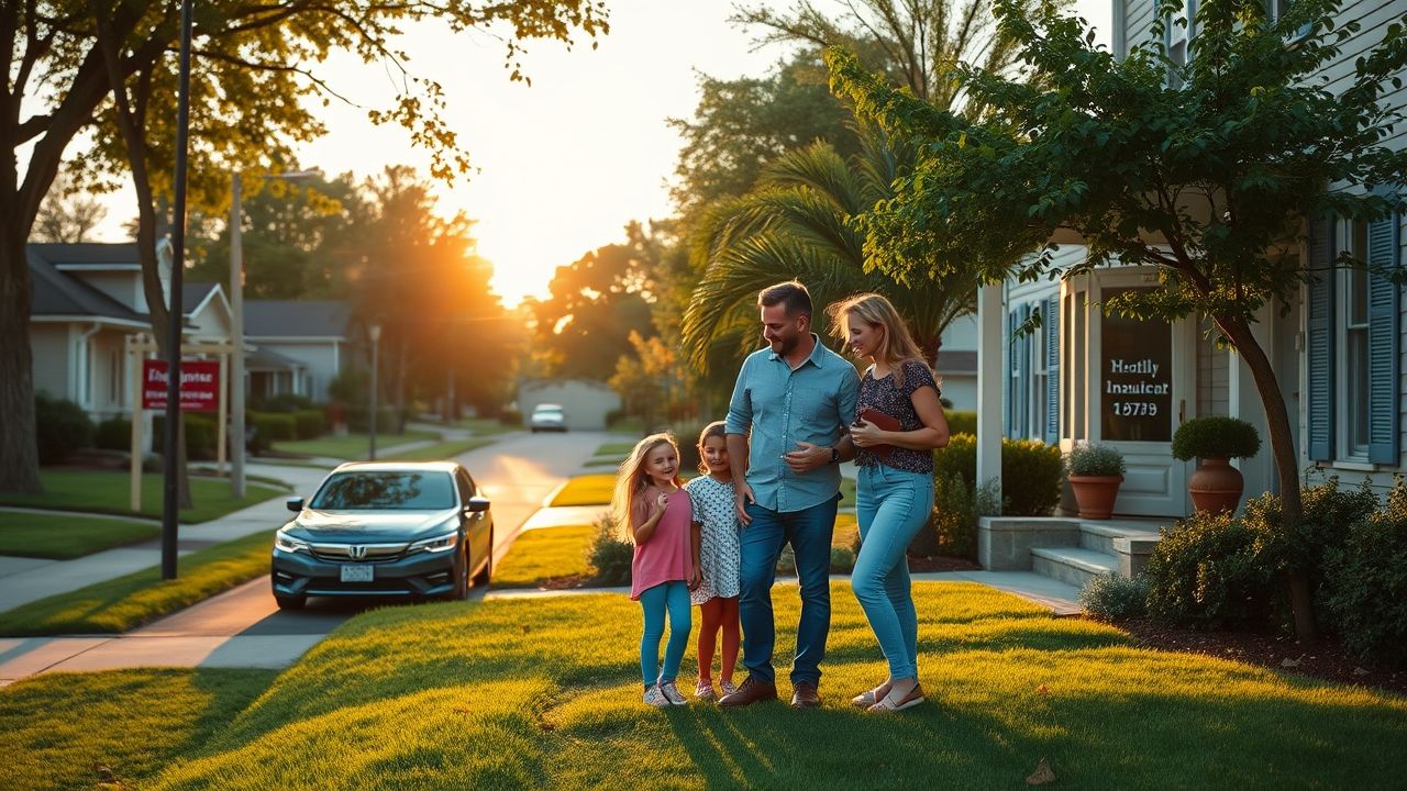 a warm inviting wide angle landscape shot of a harmonious american suburban street scene during go