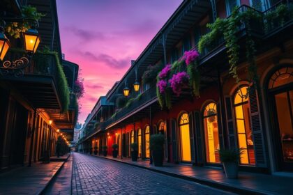 a wide angle cinematic landscape view of a historic cobblestone street in the french quarter of new