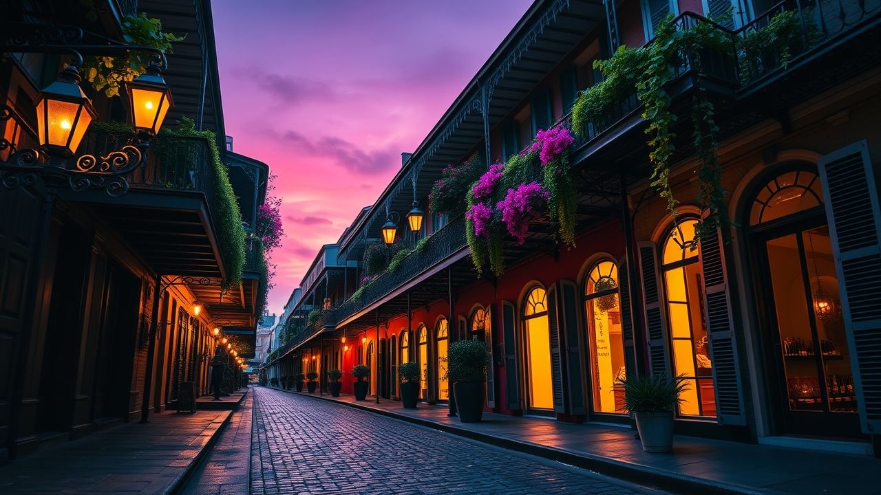 a wide angle cinematic landscape view of a historic cobblestone street in the french quarter of new