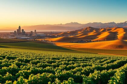 a wide angle highly detailed panoramic landscape photograph of california captured during the gold