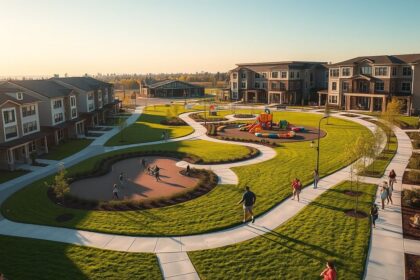 a wide angle realistic landscape shot of a modern master planned residential community bathed in