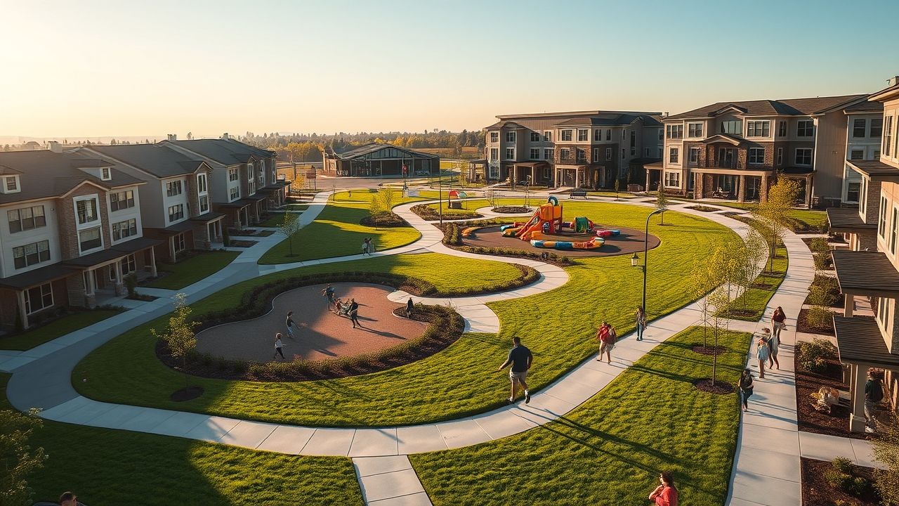 a wide angle realistic landscape shot of a modern master planned residential community bathed in