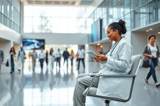 a wide brightly lit modern hospital atrium or main lobby area during the day in the foreground a