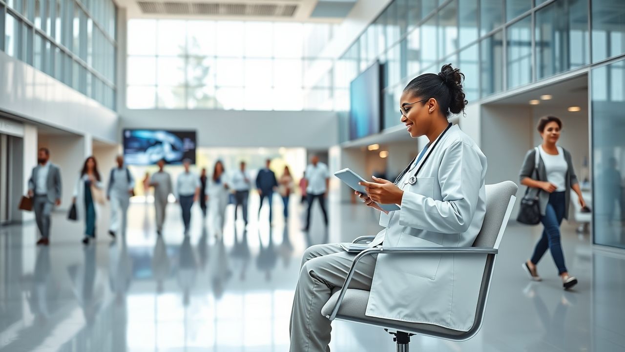 a wide brightly lit modern hospital atrium or main lobby area during the day in the foreground a