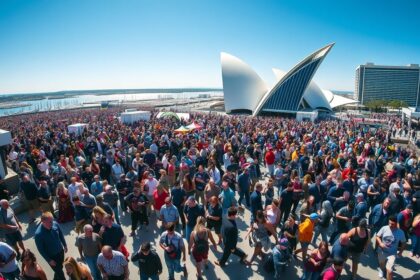 a wide bustling landscape photograph capturing the immense energy and vibrant atmosphere surroundin