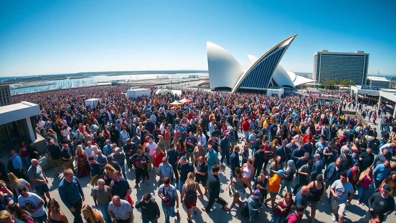 a wide bustling landscape photograph capturing the immense energy and vibrant atmosphere surroundin