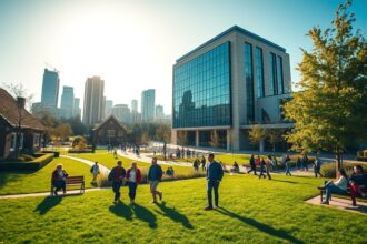 a wide cinematic eye level landscape shot capturing the vibrant and modern campus of a leading uni