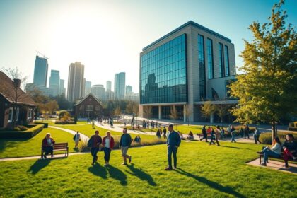 a wide cinematic eye level landscape shot capturing the vibrant and modern campus of a leading uni