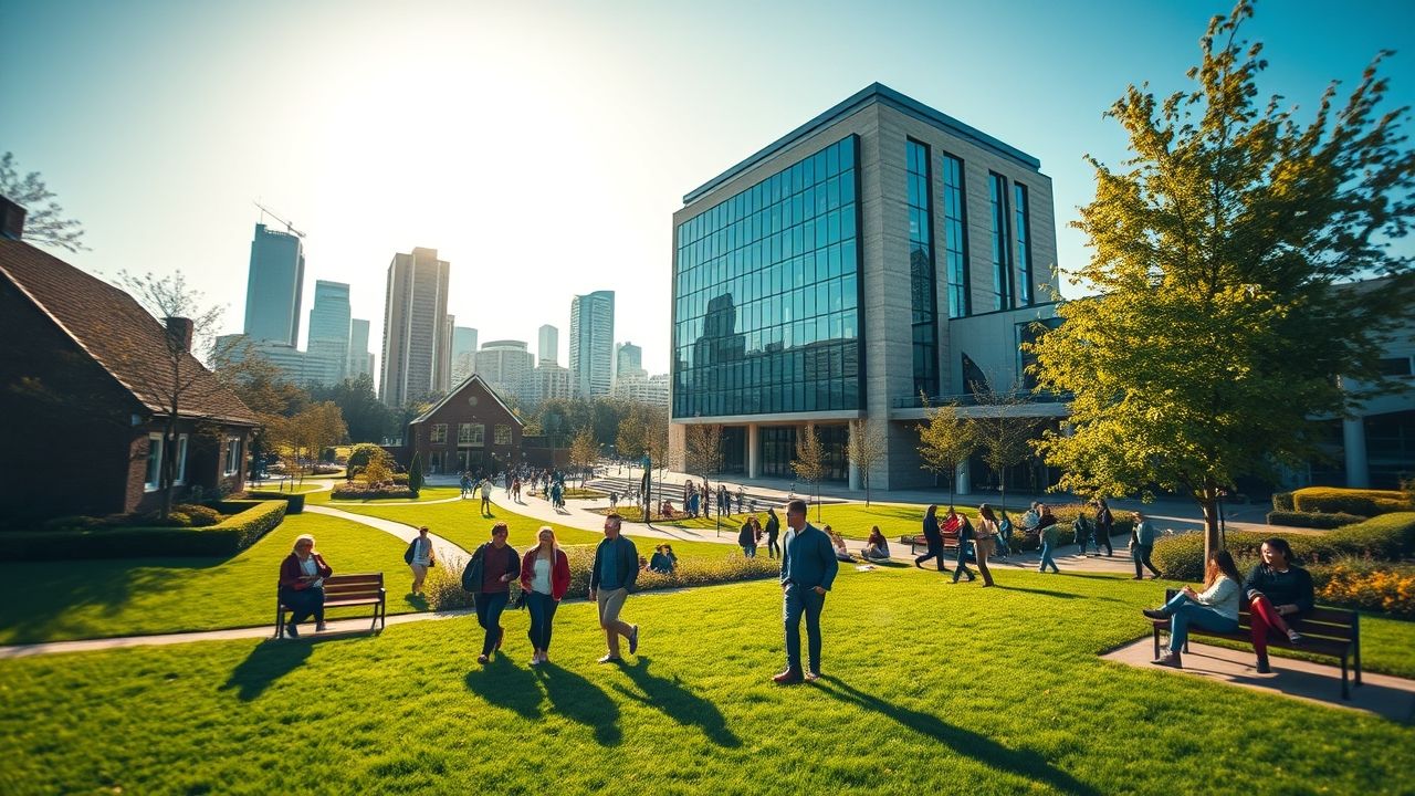 a wide cinematic eye level landscape shot capturing the vibrant and modern campus of a leading uni