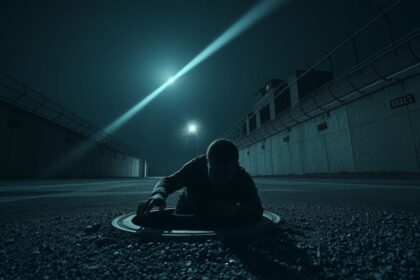 a wide cinematic landscape shot at deep night in the immediate foreground a lone silhouetted fig