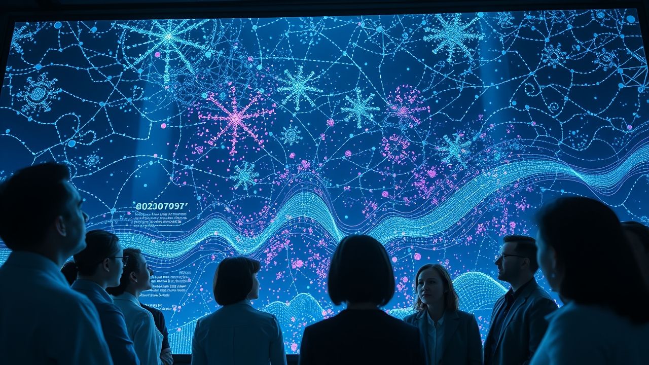 a wide cinematic landscape shot capturing a sophisticated contemporary data analysis environment