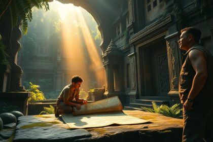 a wide cinematic landscape shot capturing a thrilling moment of discovery within a vast ancient o